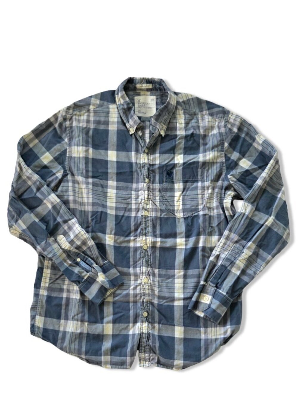 American Eagle Outfitters Men's L Athletic Fit Plaid Button Up Shirt Blue Preppy